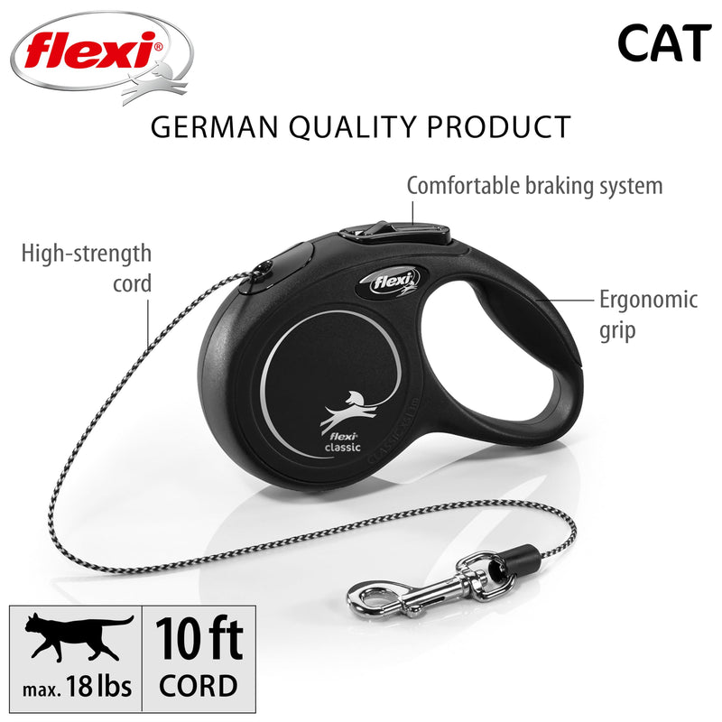 FLEXI New Classic Cord Retractable Cat Leash - X-Small – 10 ft., Black | Tangle-Free Pet Walking Leash with One-Handed Brake, Pause, Lock | German Quality Product - PawsPlanet Australia