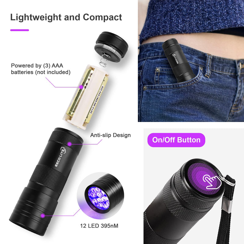 Escolite Black Light Flashlight, 12LED 395nm UV Handheld Black Light Mini, Dogs Urine Detector for Dry Urine Stains, Bed Bugs, Scorpions(2 Packs) - PawsPlanet Australia