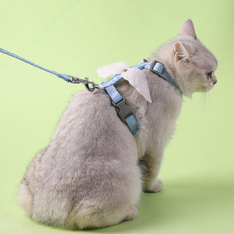 Cat Harness and Leash Set White Wing for Outdoor Travel Walking Escape Proof Soft Safe Adjustable Kitten Puppy Small Strap Angel Style, Blue S Blue Wing