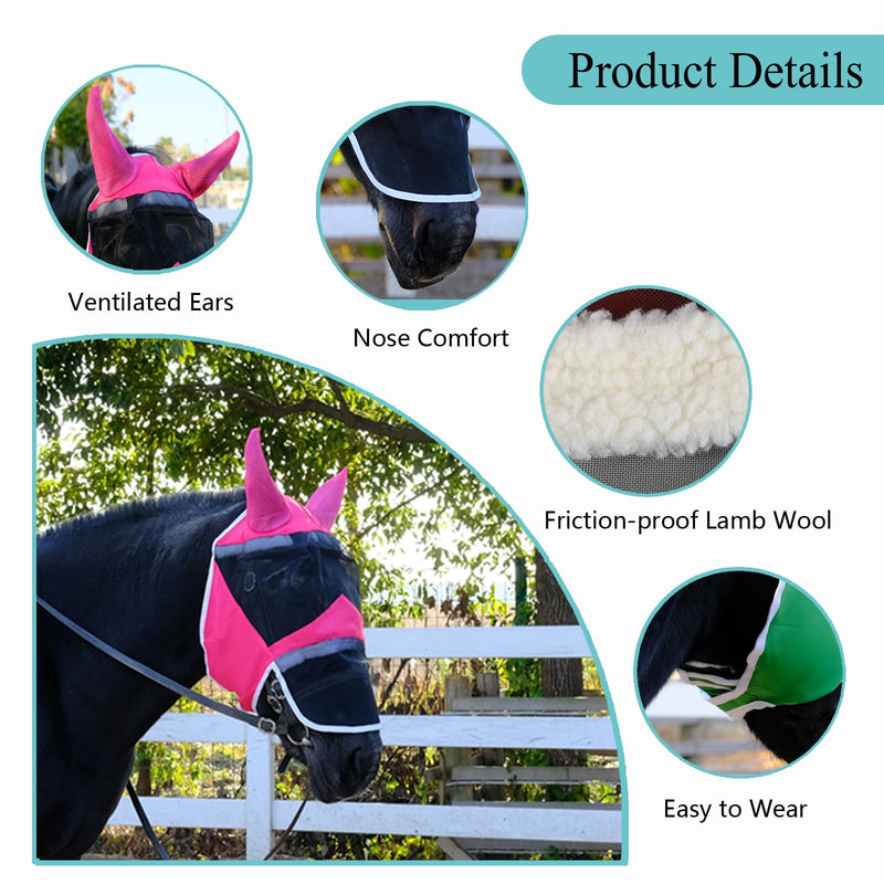 Fly Masks for Horses with Ears and Nose Cover - Comfortable Horse Fly mask with Ears for UV Protection & Sun Shield – Soft Lightweight- Breathable Horse mask(Rose red, (Cob) Medium)