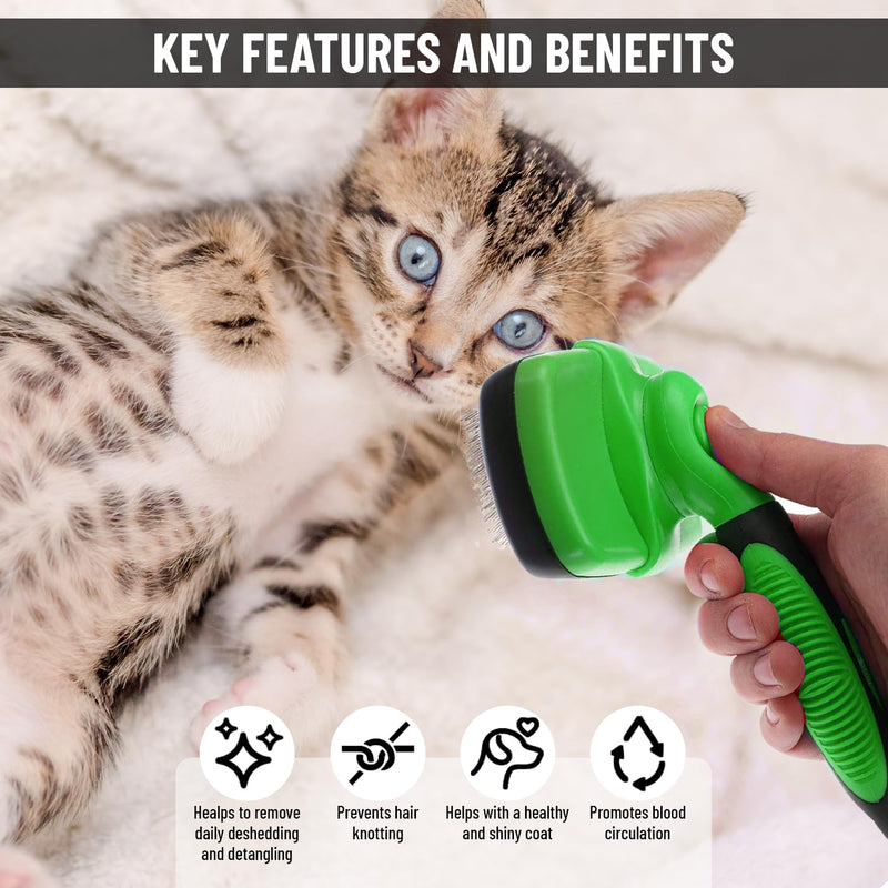 Self Cleaning Slicker Brush for Cat and Dog Coat - Detangler Dog Brush for Shedding & Grooming - Super Easy to Clean Deshedding Grooming Tool Removes Loose Pet Hair, Mats and Tangles (Green) Green - PawsPlanet Australia