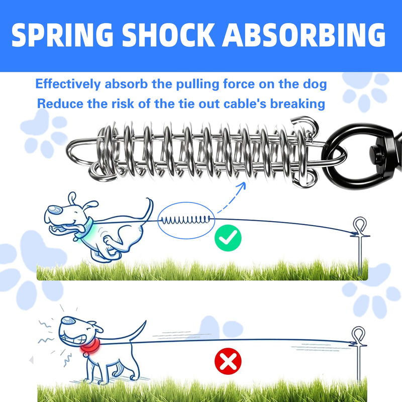 Dog Tie Out Cable,20FT Heavy Duty 4mm Outdoor Runner Cable with Shock Absorbing Spring and 360°Swivel Clips, Dogs Chain for Yard Training Running, Fit Medium Large Pets Up to 350lbs, Blue 20FT - PawsPlanet Australia