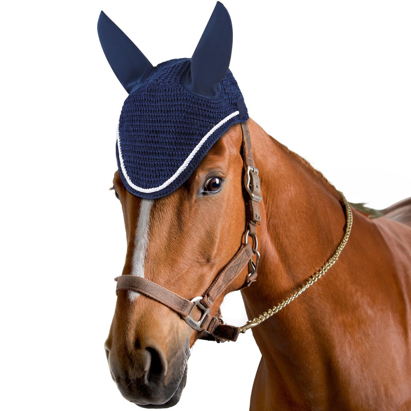 Horse Ear Bonnet - Crochet Fly Veil Silent Ear Net Crochet Bonnet with Neoprene Ear Covers Blue Horse Full Size
