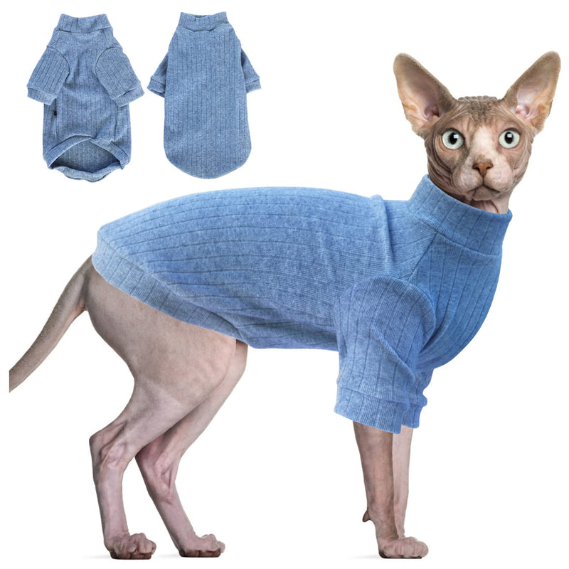 Idepet Sphynx Hairless Cats Sweater Shirt Kitten Soft Puppy Clothes Pullover Cute Cat Pajamas Jumpsuit Cotton Apparel Pet Winter Turtleneck for Cats and Teacup Chihuahua Small Dogs(Blue,L) Large Blue