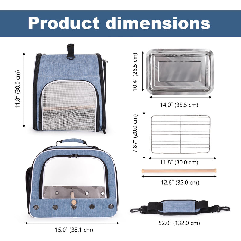 halinfer Bird Travel Carrier Cage for Large Size Parrot, Portable Bag with Metal Tray and Grate to Carry and Transport Medium and Large Birds Like African Grey, Long Tail Cockatiel and Parrot Blue Large Carrier - PawsPlanet Australia