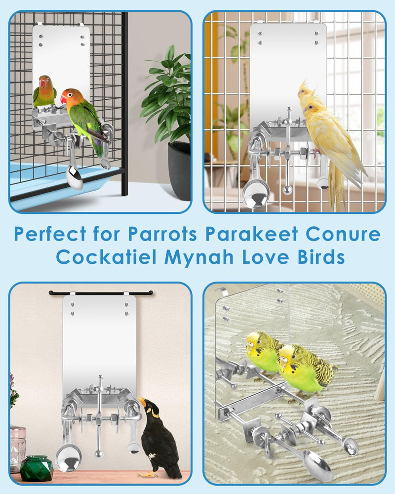Bissap Bird Toy, 9'' Stainless Steel Cockatoo Mirror with Perch Stand Swing for Medium Lagre Cockatiel African Gray Cockatoos Amazon and Similar Sized Pet Birds Bird Cage Accessories - PawsPlanet Australia