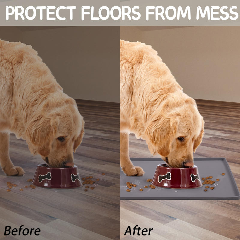 MateeyLife Silicone Cat & Dog Food Mat for Floors Waterproof, Anti-Slip Dog Bowl Mats for Food and Water, Pet Feeding Mats with Lip to Prevent Spills, Pet Placemat for Messy Drinkers to Protect Floors 18''×12'' Gray - PawsPlanet Australia