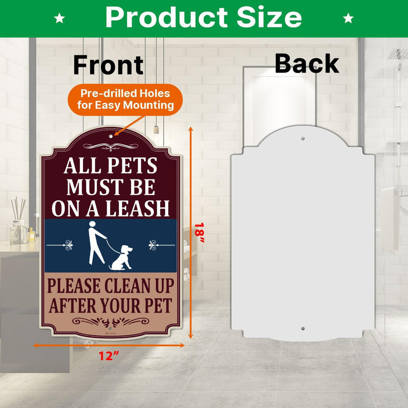 All Pets Must Be On A Leash Please Clean Up After Your Pet Signs No Dog Poop Pee 12" x 18" Metal Rust Aluminum Waterproof Easy Mounting Outdoor Use 2 Pack