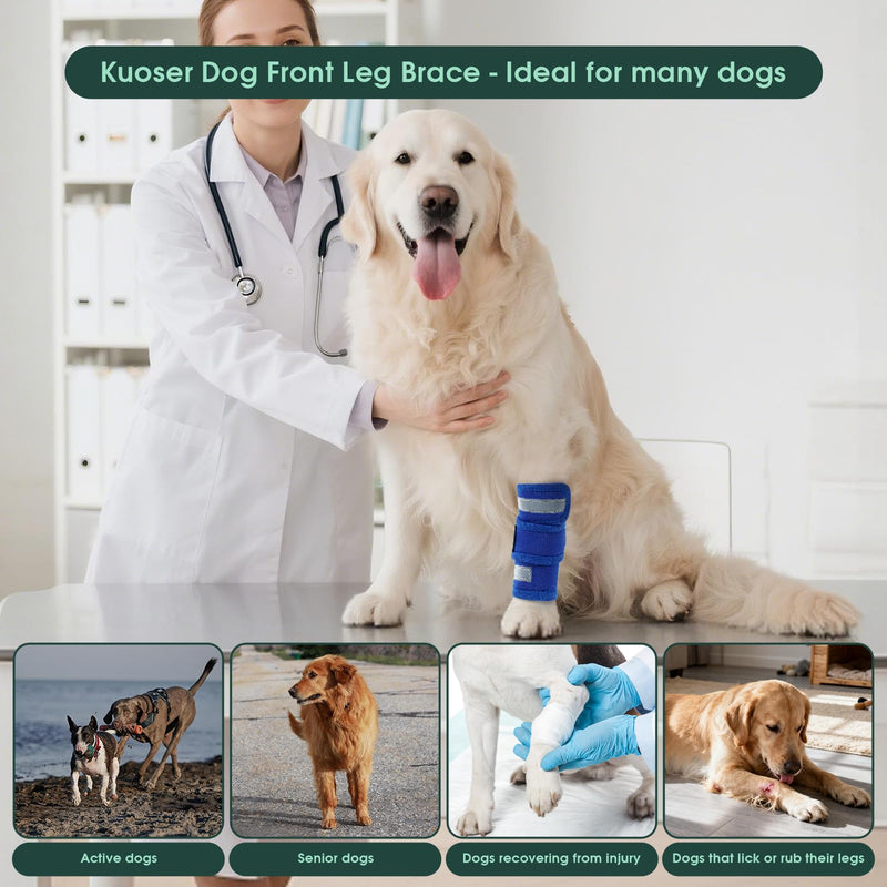 Kuoser Dog Front Leg Brace, Adjustable Dog Elbow Brace with Reflective Strip, Compression Dogs Leg Sleeve to Stop Licking, Carpal Wrist Support Elbow Pads for Dogs Arthritis, Sprain, Injury Recovery Healing Blue L/XL