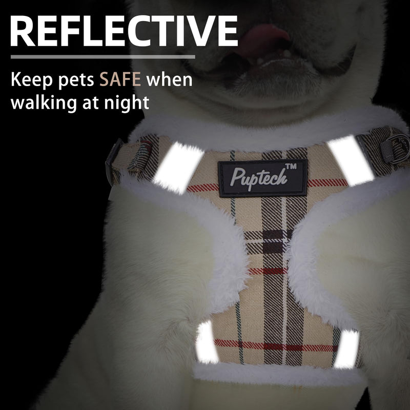 PUPTECK Dog Harness and Leash Set Small Sized, Step in No Pull Adjustable Puppy Cat Harness Reflective Pet Vest S (13-17lbs, Chest 15"-18") #3 Beige(Plush Plaid) - PawsPlanet Australia