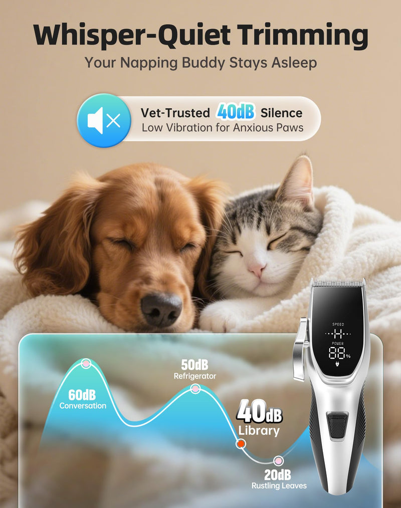 Dog Grooming Kit Low Noise,Cordless 4 in 1 Dog Clippers for Grooming Rechargeable Pet Cat Hair Trimmer with 2 Speed,6 Guards,Scissors,Comb for Small Medium Large Pets Dogs Cats Thick Hair Sliver Whisper-quiet Light Sliver