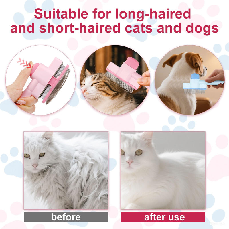 2pcs Self-Cleaning Cat & Dog Brush, Stainless Steel Pet Shedding Hair Removal Comb Cat Grooming Brush Pet Hair Removal Tool for Long Haired Cats & Dogs (Blue, Pink)