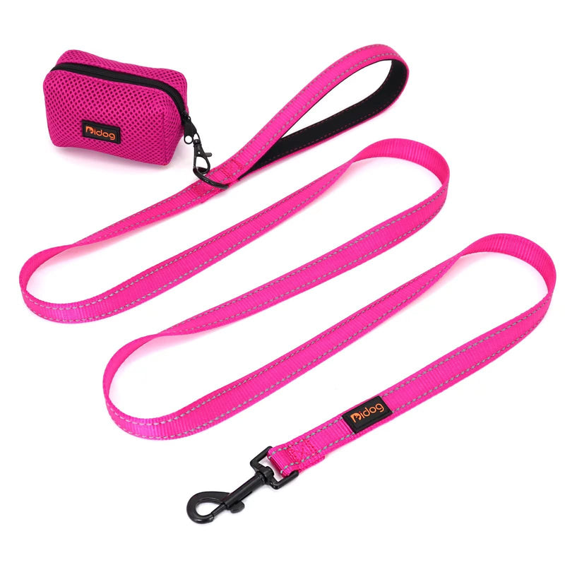 Didog 6FT Reflective Nylon Dog Leash, Durable 1” Wide Walking Pet Lead with Soft Padded Handle & Mesh Dispenser Poop Bag for Small Medium Large Dogs, Hot Pink - PawsPlanet Australia
