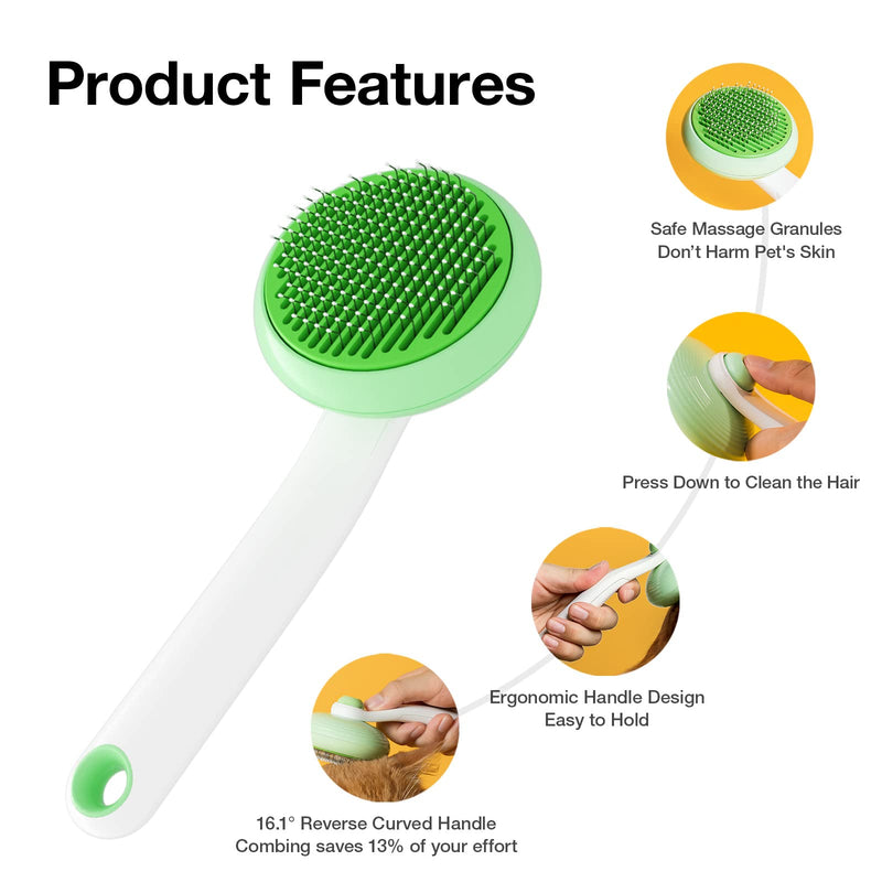 Self-Cleaning Cat Brush for Shedding & Pet Grooming - Effortlessly Removes Tangles, Loose Undercoat, and Mats for Cats & Dogs (Green) Green