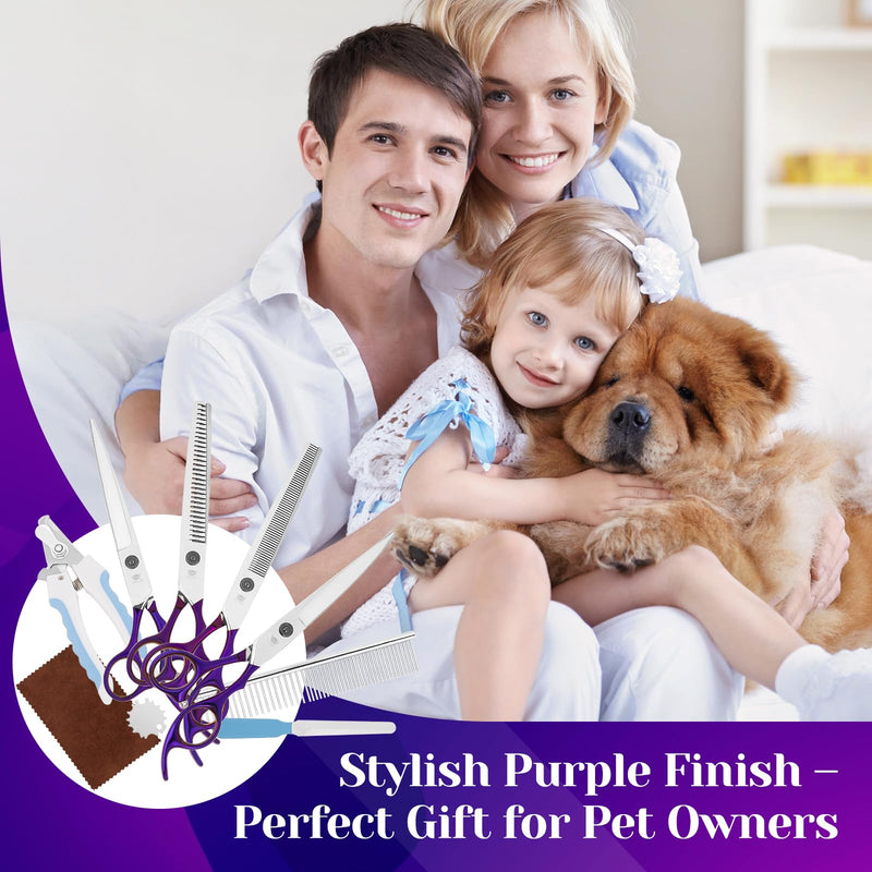 7” Dog Grooming Scissors Set – 6 in 1 Pet Grooming Kit with Curved, Thinning, Chunker & Straight Shears + Comb – 440C Stainless Steel Sharp Blades, Ergonomic & Quiet Design (Purple) Purple - PawsPlanet Australia