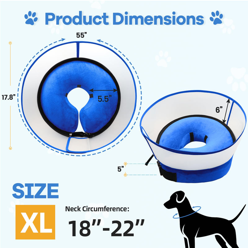 2-in-1 Inflatable Dog Cone Collar with Detachable Anti-Licking Shield, Soft Adjustable Elizabethan Collar for Dogs After Surgery (XL, Blue) XL (Neck: 18-22")