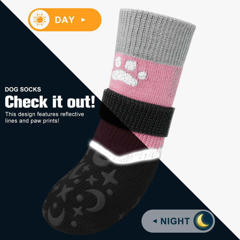 BEAUTYZOO Dog Socks to Prevent Licking Paws, Reflective Dog Socks for Hardwood Floors Anti Slip, Dog Shoes for Hot Pavement- Anti Twist Thick Grip-Small Medium Large Senior Dog Boots & Paw Protectors S(Pack of 4) Grey_Star & Moon - PawsPlanet Australia
