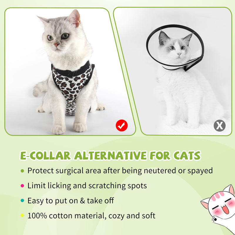 2 Packs Cat Surgery Recovery Suit Surgical Clothes Abdominal Wounds Anti-Licking Cat Bodysuit Onesie Substitute E-Collar& Cone Medium Leopard + Pink Love Leopard - PawsPlanet Australia