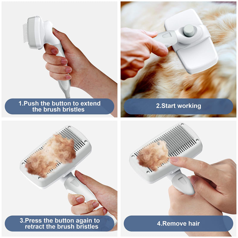 Self-Cleaning Slicker Brush for Dogs & Cats, Grooming Combs for Short & Long-Haired Dogs, Cats, Rabbits & More - Gently Removes Loose Undercoat, Mats and Tangled Hair White