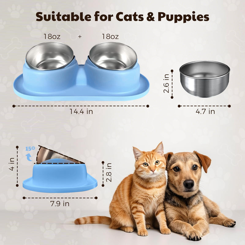 Cat Bowls 2 Stainless Steel Bowl for Pet Dog Water and Food Feeder with Non Spill Skid Resistant Silicone Mat,Tilted Bowls Elevated Anti Vomiting, Non-Slip Base, Ant Proof Food & Water.Blue Blue