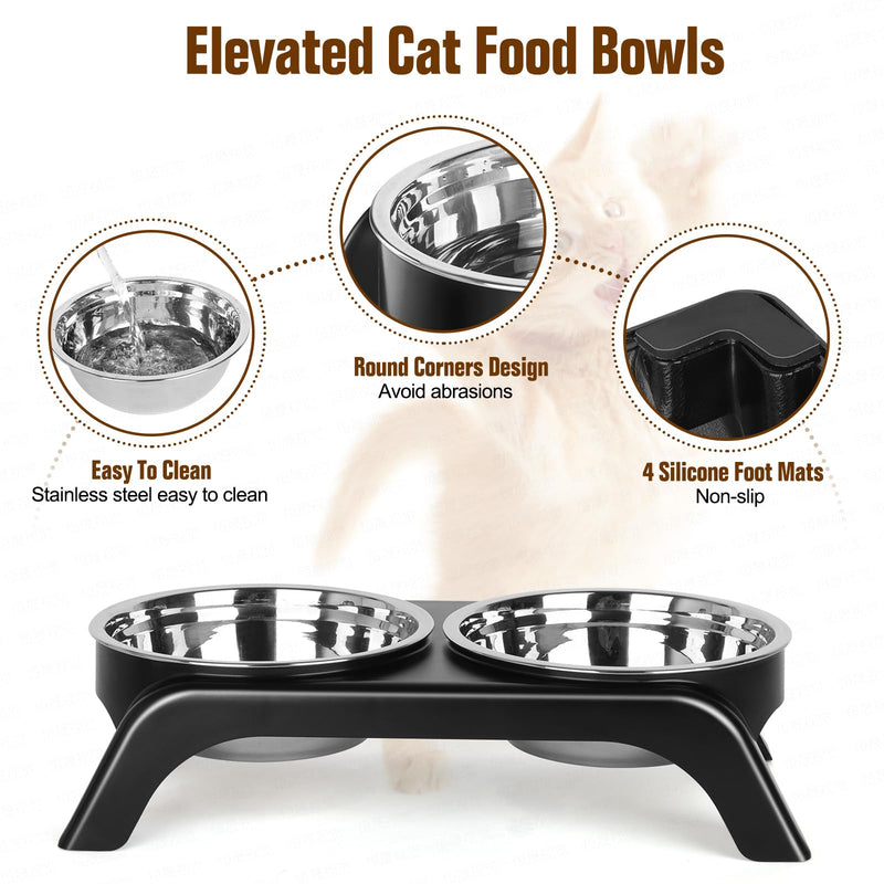 Elevated Cat Bowls, Anti Vomiting Raised Cat Food Bowl with 2 Stainless Steel Bowls, Prevent Neck Pain Cat Bowl Set, ABS Anti Slip Stand Cat Bowls for Indoor Cats & Puppies (Black) Black - PawsPlanet Australia