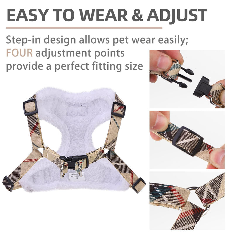 PUPTECK Dog Harness and Leash Set Small Sized, Step in No Pull Adjustable Puppy Cat Harness Reflective Pet Vest S (13-17lbs, Chest 15"-18") #3 Beige(Plush Plaid) - PawsPlanet Australia