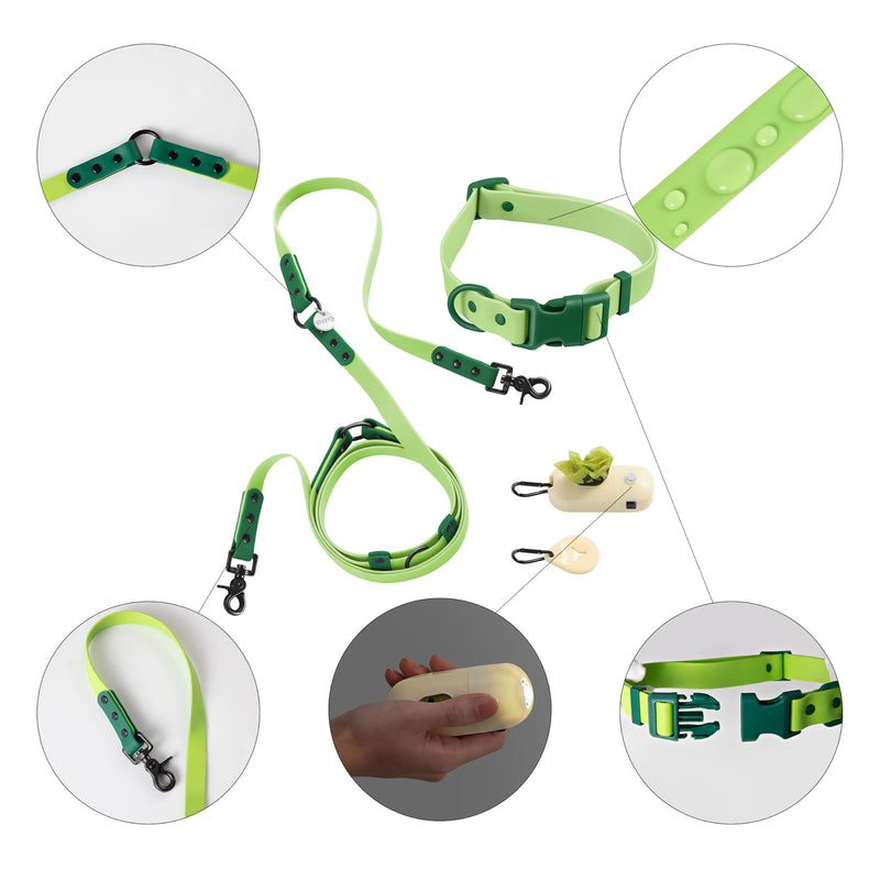 WLK1006B-5SET Luna Large 8FT Adjustable 6-in-1 Waterproof Hands-Free Leash and Collar with LED Flashlight, Bag Dispenser, and Poop Bag Holder, Mojito Light Green/Dark Green Large (Up to 80 lbs) - PawsPlanet Australia