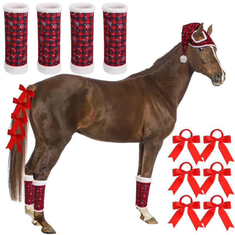 Geyoga 11 Pcs Christmas Horse Accessory Includes Santa Horse Hat with Fleece Trim 4 Pcs Horse Leg Wraps with 6 Pcs Ribbon Bow Horse Hair Ties for Horse Decoration for Holiday Christmas Horse Costume