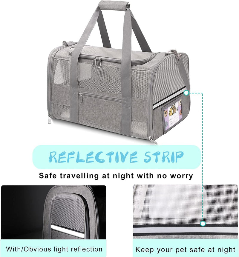 Cat Carrier Pet Carrier for Small Dogs Cats Puppies Under 15 Lbs, TSA Airline Approved Carrier Bag Soft Sided Dog Travel Carriers, Cat Carriers with Reflective Strip, Grey GrayA - PawsPlanet Australia