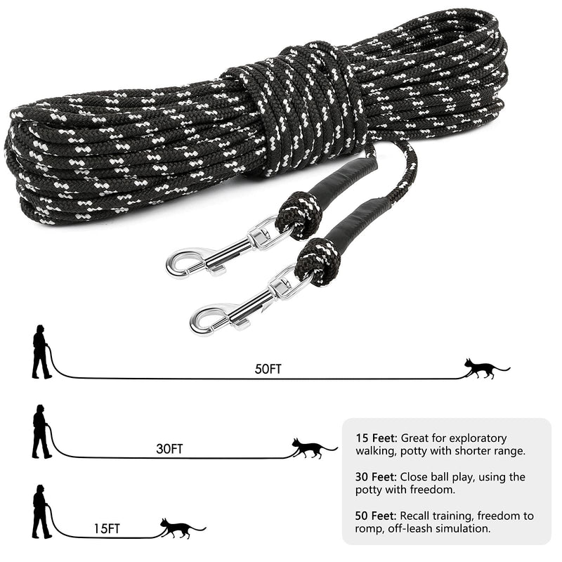 Rypet Reflective Cat Long Leash - 30 FT Escape Proof Walking Leads Yard Long Leash Durable Safe Personalized Extender Leash Traning Play Outdoor for Kitten, Puppy, Rabbit and Small Animals Black