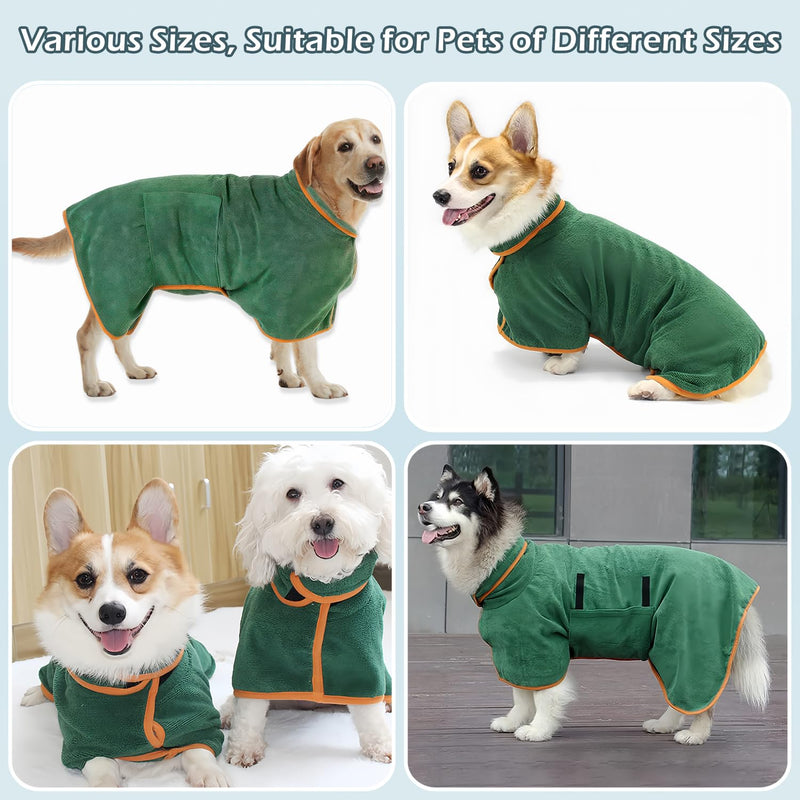Microfiber Dog Towel Robe – Absorbent Quick Dry Bathrobe for Small, Medium, Large Pets – Adjustable Neck & Waist for Dogs, Cats 77-100 lbs – Dark Green XL - PawsPlanet Australia