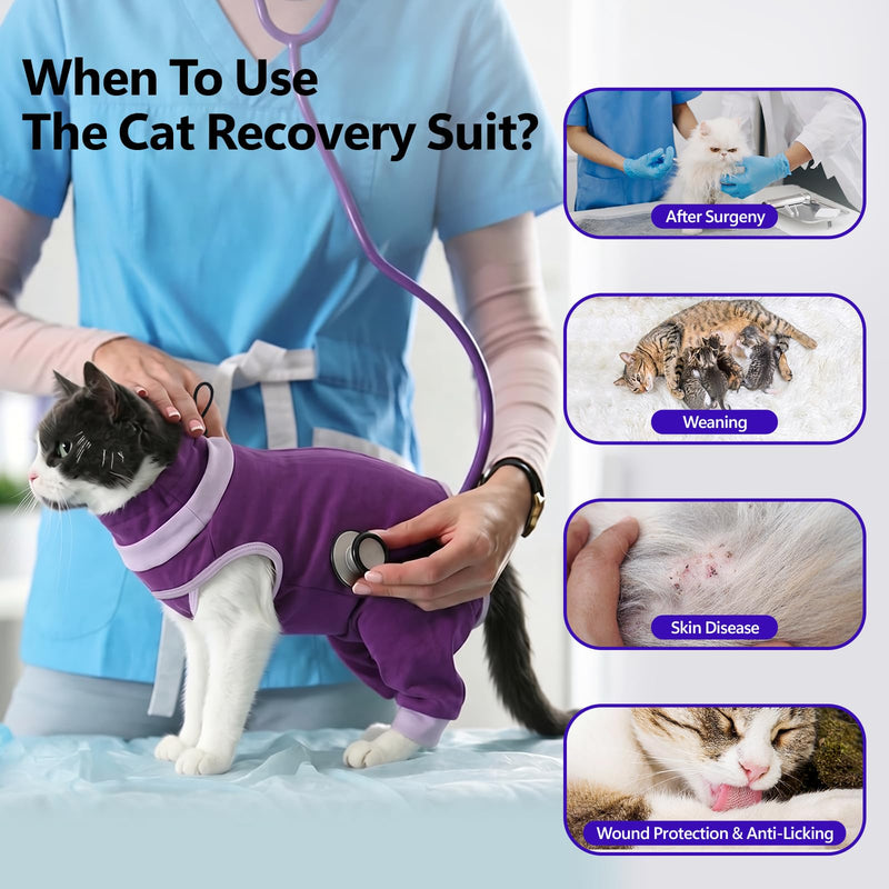 BRKURLEG Cat Recovery Suit with Hind Legs, Breathable Post Spay Onesie for Female Cats & Kittens, Anti-Licking Abdominal & Hind Leg Wound Protector, Cone Alternative, Purple XL X-Large