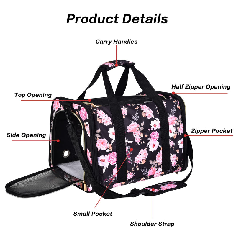 Petmolico Cat Carrier Soft-Sided Pet Bag for Small Medium Cats Puppies 16LBs - Airline Approved Pet Travel Carrier 3 Open Doors (Medium,Pink Peony) Pink Peony