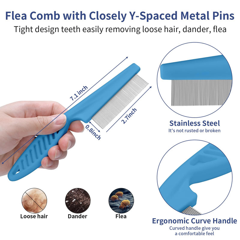5 in 1 Dog Grooming Kit - Self-Cleaning Slicker Brush for Shedding Short Long Haired Dogs & Cats, Includes Pet Comb, Flea Comb, Bath Brush, Undercoat Rake - Complete Fur Care Set - Blue - PawsPlanet Australia