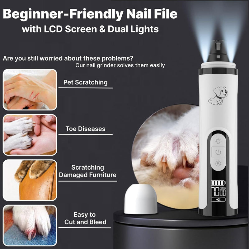 Silent Groom Pro Dog Nail Grinder -Professional Cat & Dog Nail Trimmers with light & 3 Speeds, Pet Nail Grinder Quiet and Painless Paws Grooming, Suitable for Small Medium Pets (2 Replacement Head) White - PawsPlanet Australia