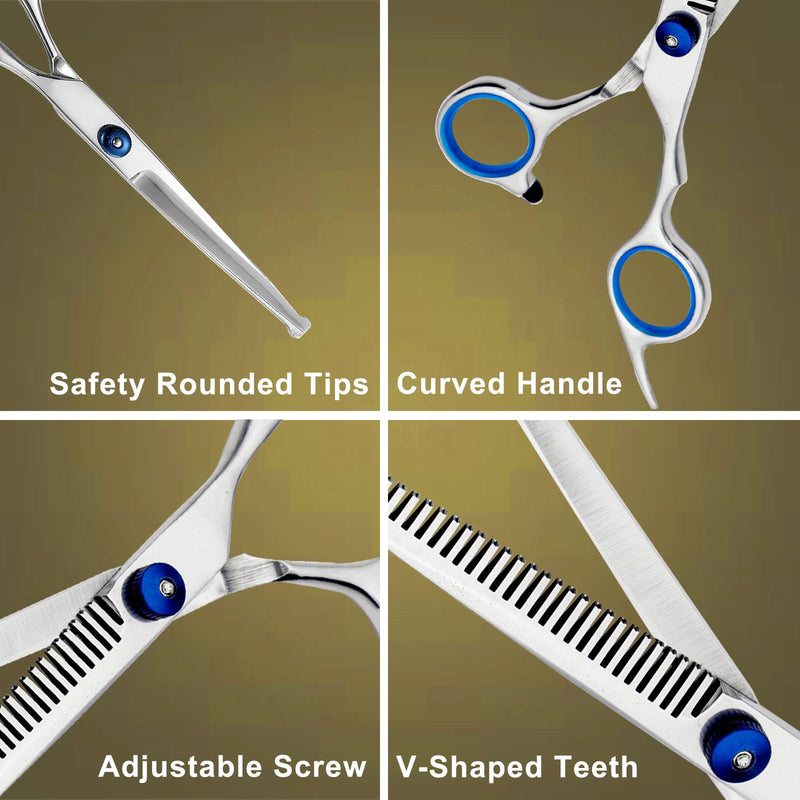Dog Grooming Scissors, 4-in-1 Dog Grooming Kit with Safety Round Tip, Professional Grooming Shears Set Hair Cutting Trimming Scissors with Steel Comb & Leather Pouch for Dogs Cats Pets - PawsPlanet Australia