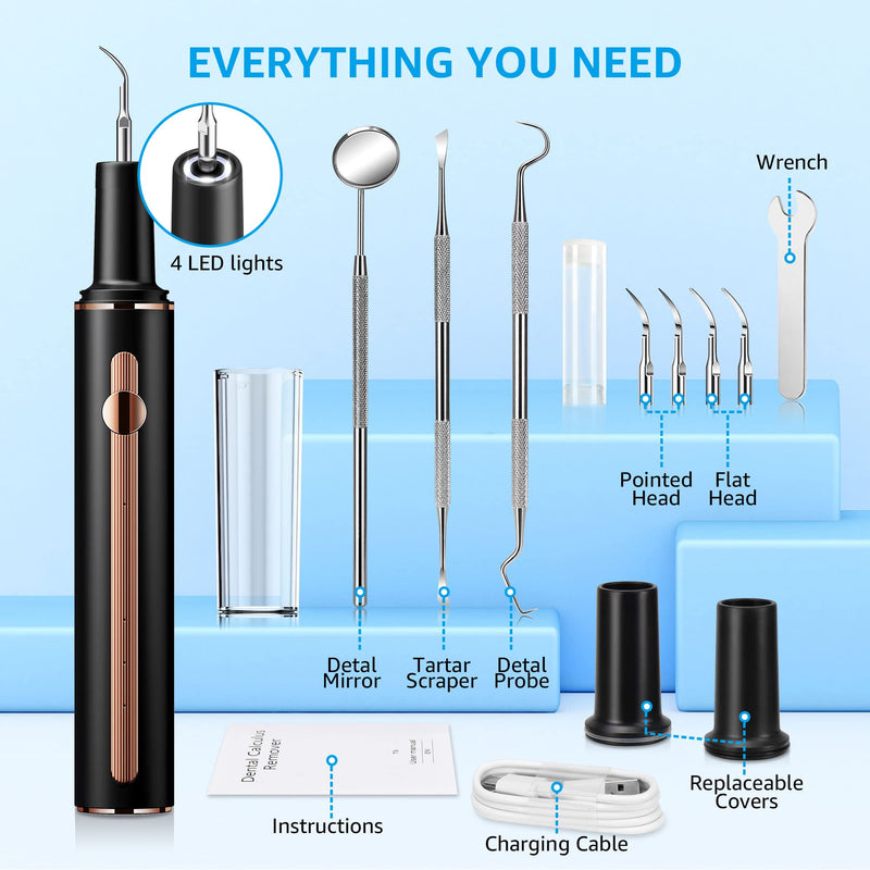 Teeth Cleaning Kit Plaque Remover for Teeth, Portable Dental Plaque Remover Tool with LED, Plaque Blaster for Human Teeth with 3 Modes, Tooth Scraper Plaque Tartar Remover for Teeth with Dental Tools Black - PawsPlanet Australia