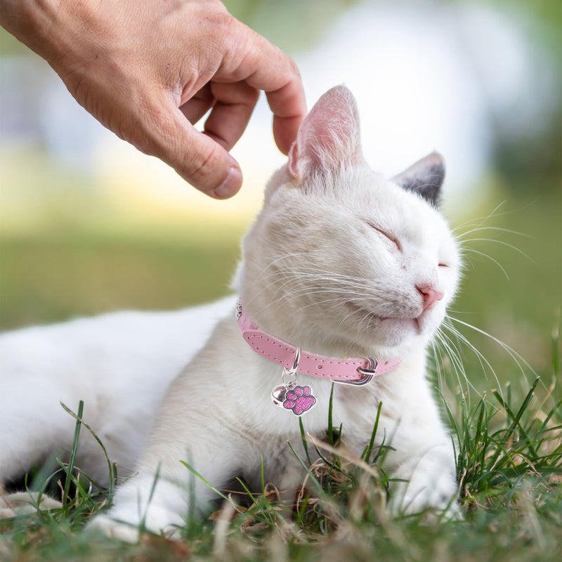 SCENEREAL Cat Collar with Bells, Leather Cat Collars with Paw Studded, Adjustable Pet Collars for Boy Girl Cats,Soft Cute Cat Collar for Kitty Puppy Small Big Cats, Pink