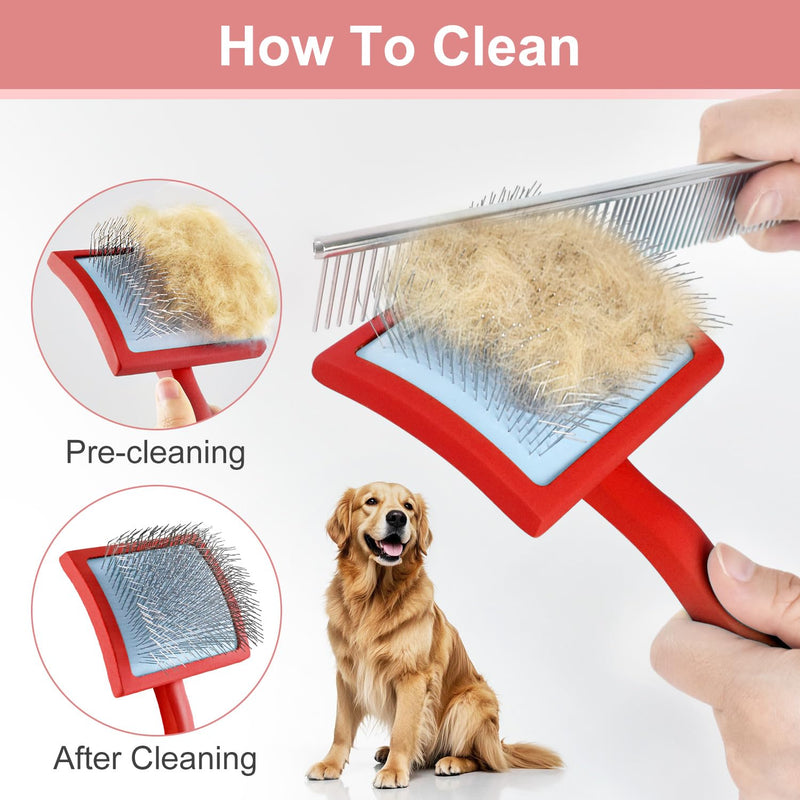 Slicker Brush for Dogs, Slicker Brush for Doodles Long Haired Dog, Goldendoodle Long Pin Detangler for Dematting, Dog Slicker Brushes for Grooming (Large Curved)(Red) Red