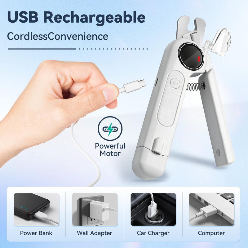 2-in-1 Dog Nail Clippers & Grinder with Light, Quiet Electric Pet Nail Trimmer for Large Medium Small Dogs & Cats, 3 Speeds, Rechargeable, Splash Guard & Safety Lock, Painless Grooming Tool (White) - PawsPlanet Australia
