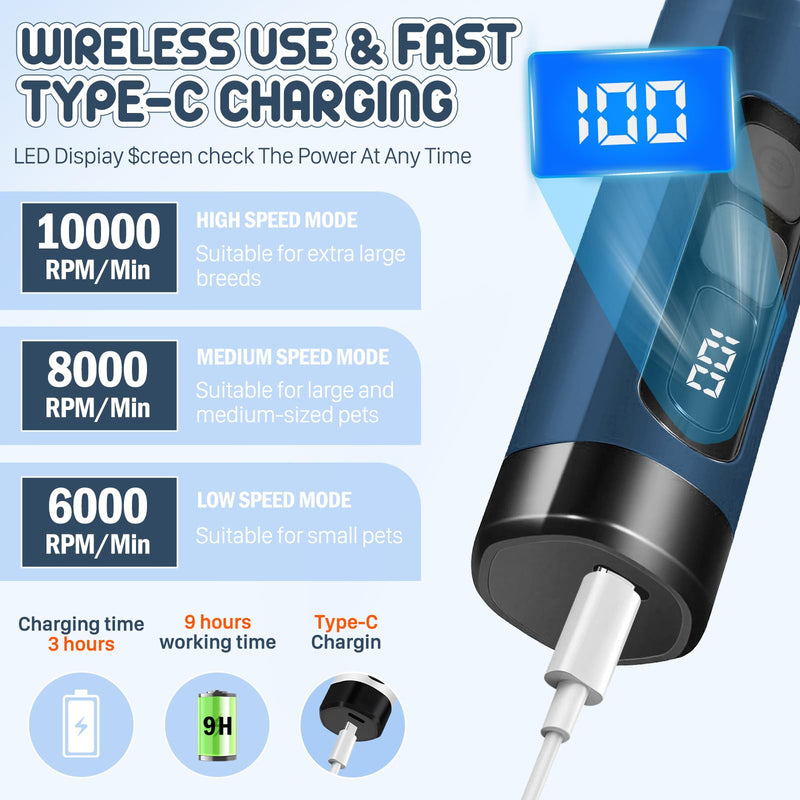 Dog Nail Grinder Electric Powerful 3 Speeds Dog Nail Clippers with Lights Quiet Cat Nail Clipper Painless Care Trimmers Tools for Small Medium Large Dogs and Cats (Blue) Blue - PawsPlanet Australia