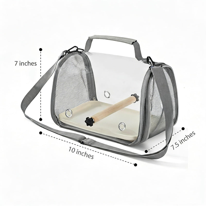 Portable Bird Travel Carrier with Breathable Mesh Windows Hands Free Parrot Backpack for Vet Visit Shopping Hiking, Clear View Small Pet Cage with Easy Clean Removable Tray and Perch Gray