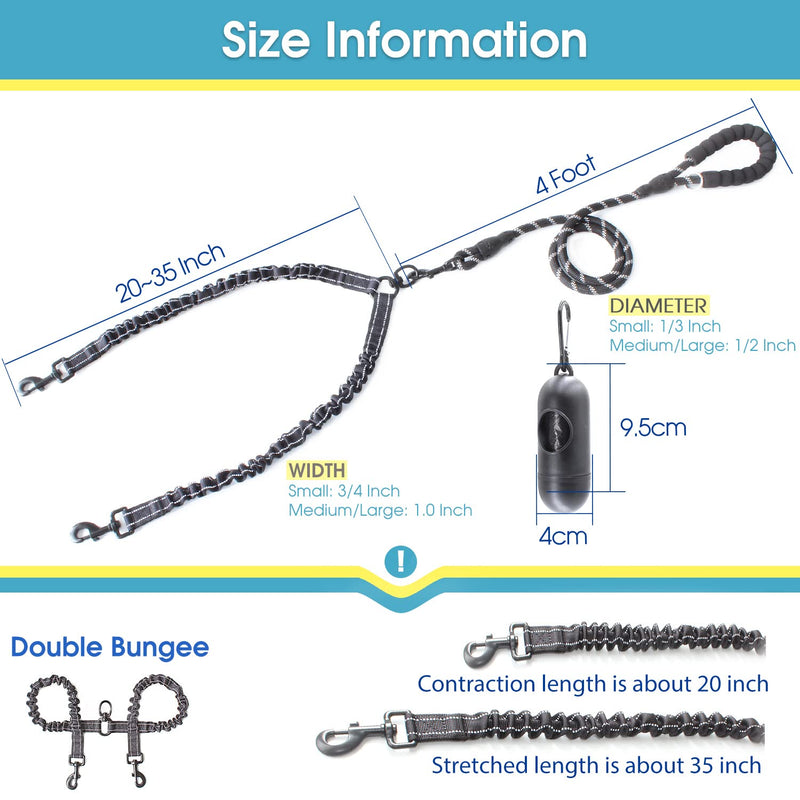BAAPET Double Dog Leash, 4 FT Rope Dog Leash with Tangle Free Shock Absorbing Bungee and Poop Bags for Dual Small Medium Large Dogs (Medium/Large, Black) Medium/Large (25~150 lbs.) - PawsPlanet Australia
