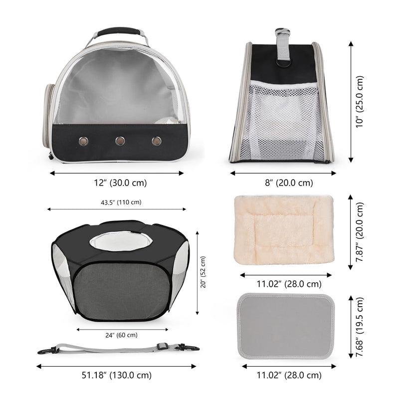 2-Pack Guinea Pig Carrier Backpack and Playpen with Lid, Breathable Pet Pen Excercise Fence, Portable Travel Cage for Bunny, Bearded Dragon, Rabbits, Hamster, Chinchillas, Sugar Glider, Squirrel Black Carrier+Pen with lid