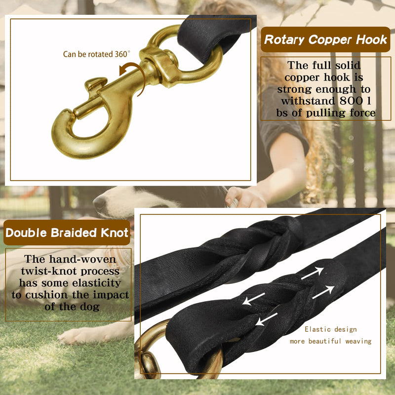 Leather Dog Leash 6ft x 5/8 inch,Strong Heavy Duty Genuine Leather Braided Dog Training Leash, Soft and Comfortable for Large Dogs, Medium Small Dogs (Black, 6FT*5/8in) Black - PawsPlanet Australia