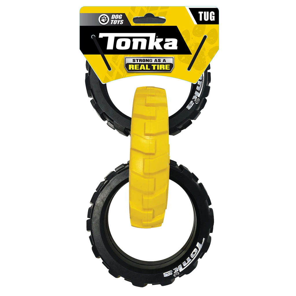 Tonka Rubber 3-Ring Tug Dog Toy, Lightweight, Durable and Water Resistant, 10.5 Inches, for Medium/Large Breeds, Single Unit, Yellow/Black 10.5 inch Rubber Flex Tread