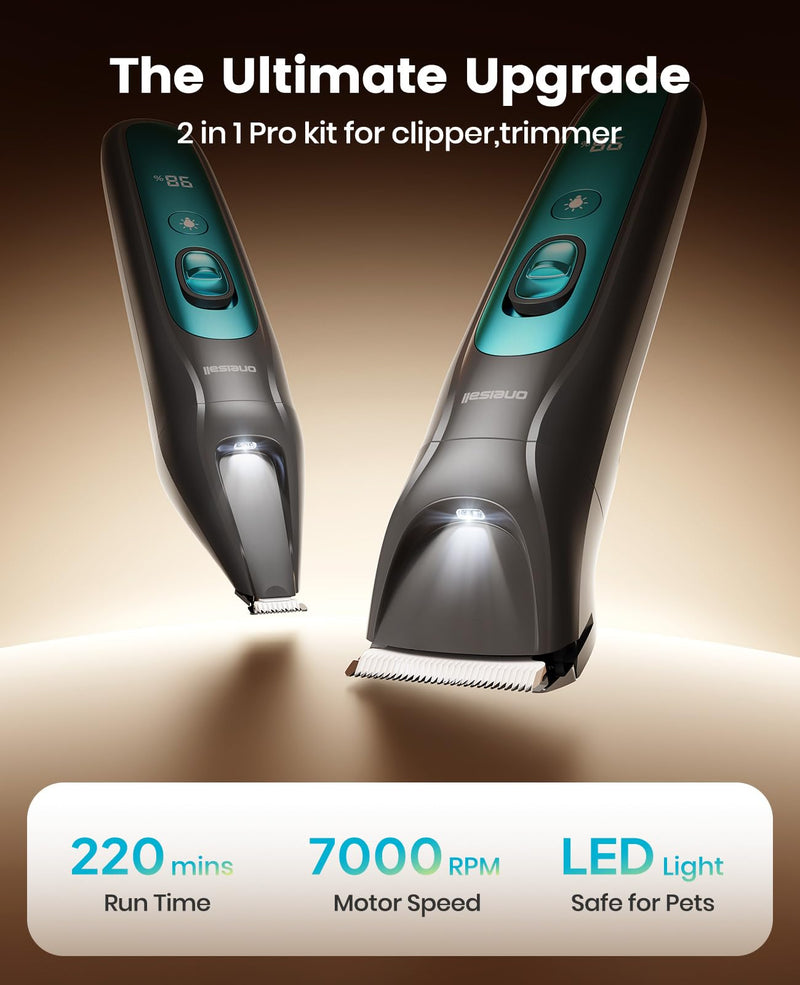oneisall Dog Grooming Clippers & Paw Trimmer Kit 2-in-1,Pet Shaver with LED Light, Quiet Design for Dogs Cats,Cordless Dog Clippers for Full-Body Grooming and Safe Paw Care Blue 2-in-1
