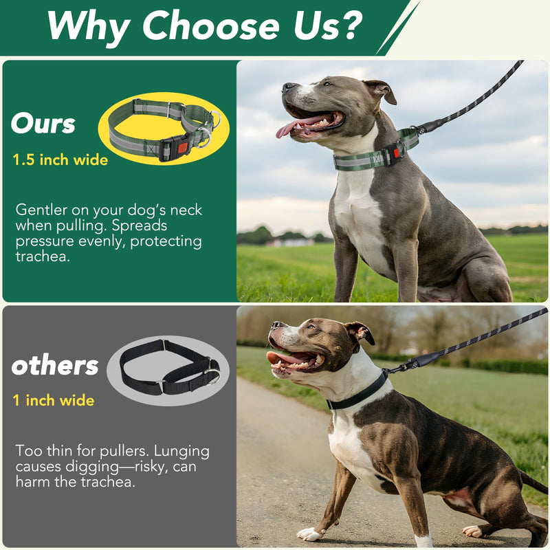 Mayerzon 1.5" Wide Reflective Martingale Collar for Large Dogs, Patented No Pull Heavy Duty Walking Training Dog Collar for Pitbulls German Shepherds, with Buckle, 2 D-Rings, Adjustable (Green, L) Green L: 16.5" - 20.75" - PawsPlanet Australia