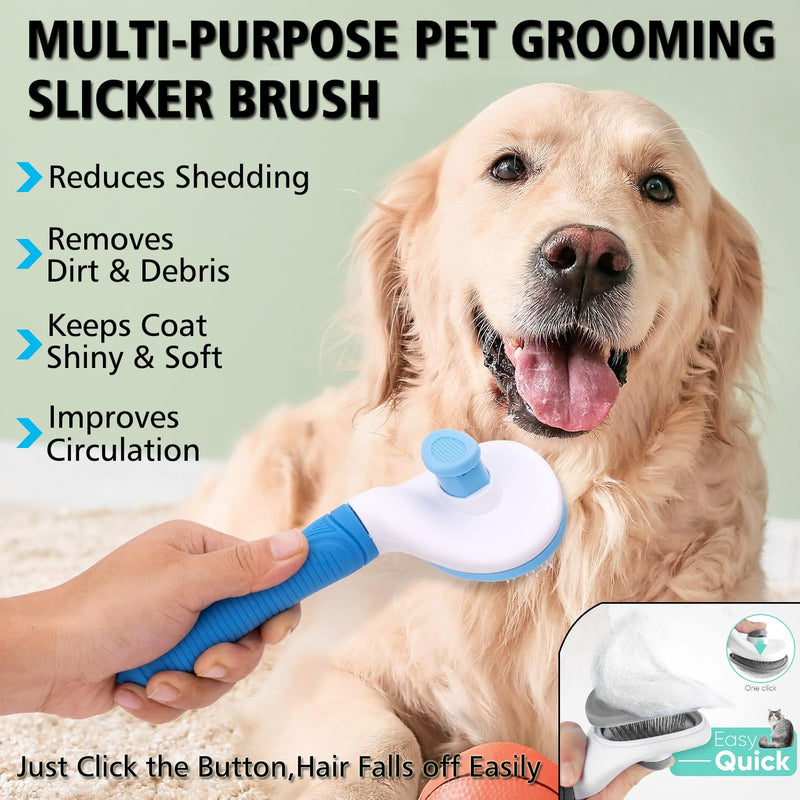 3PCS Dog Grooming Brush - Dog Brush for Shedding Massaging Bathing - Double Sided Shedding, Dematting Undercoat Rake - Self Cleaning Slicker Brush for Dogs and Cats with Long or Short Coats Blue-3Pcs - PawsPlanet Australia