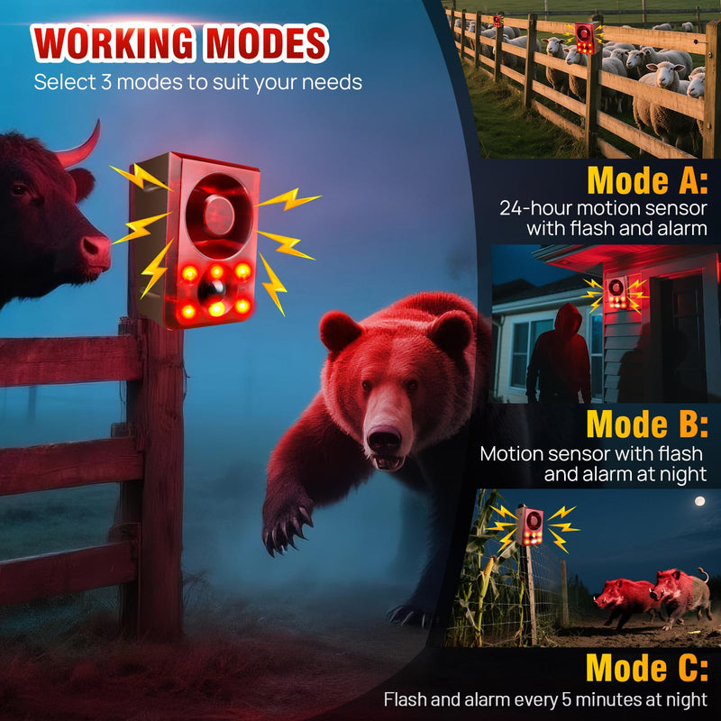Solar Outdoor Motion Sensor Alarm, Dog Barking&Gunshot Sound,130db Loud Noise Maker,Support Recording,13 Kinds of Sound and Strobe Light to Deter Raccoons, Deer, Skunks, Bears, and Coyotes 1 Remote+1 Sensor